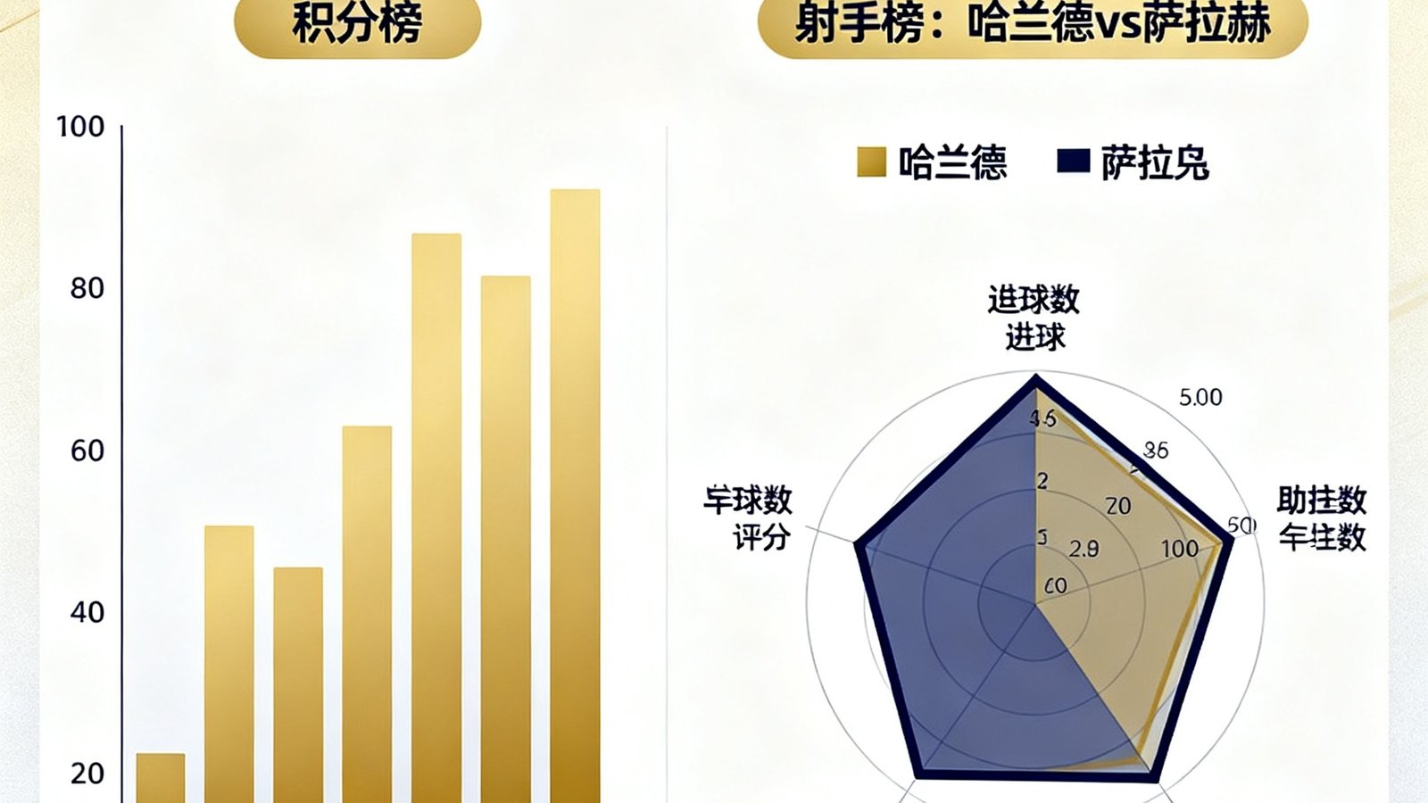 英超联赛积分榜和射手榜的数据可视化图表，左侧柱状图展示各队积分对比，右侧雷达图呈现哈兰德与萨拉赫的关键数据维度对比，配色以金色和深蓝为主。